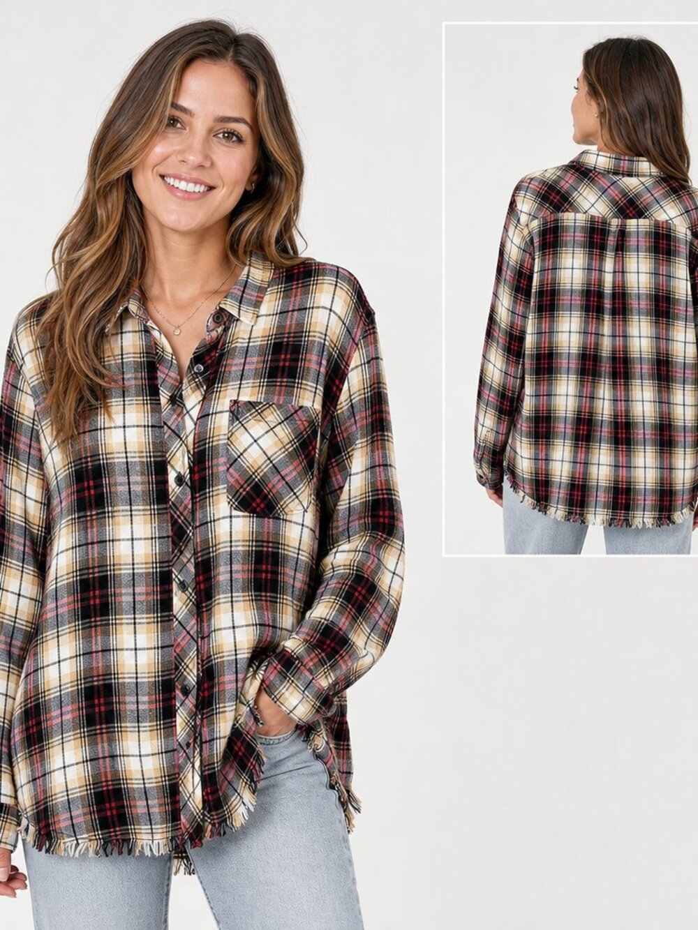 Beach Lunch Lounge Plaid Flannel Shirt S/P Cozycore Rustic Chic Fringed Hem